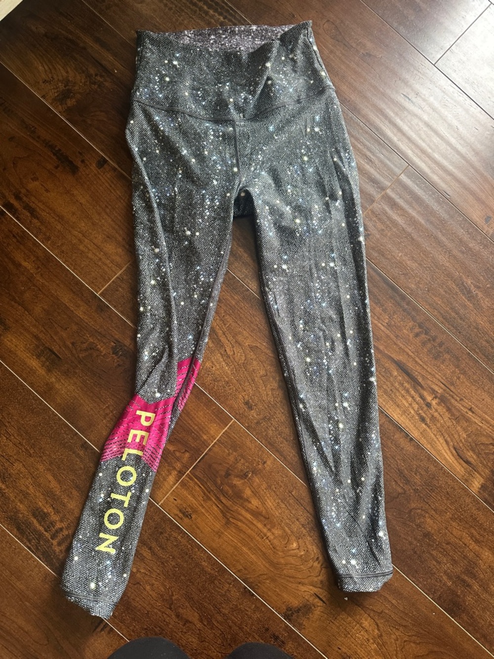 Peloton Gray Glitter Women’s  Leggings with Pink and Yellow Logo Accent